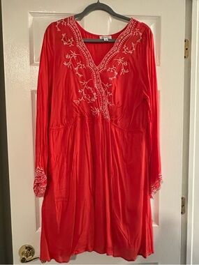 Embroidered Coral V-Neck Dress